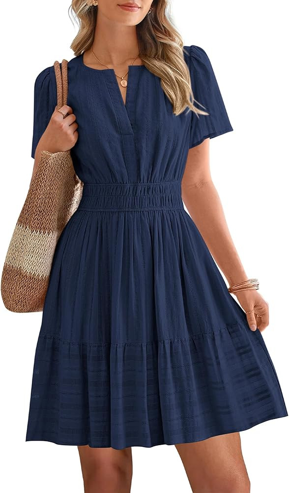 BTFBM Womens Spring 2026 Casual Mini Dresses Lightweight Short Sleeve V Neck Elastic Waist Cute B... | Amazon (US)