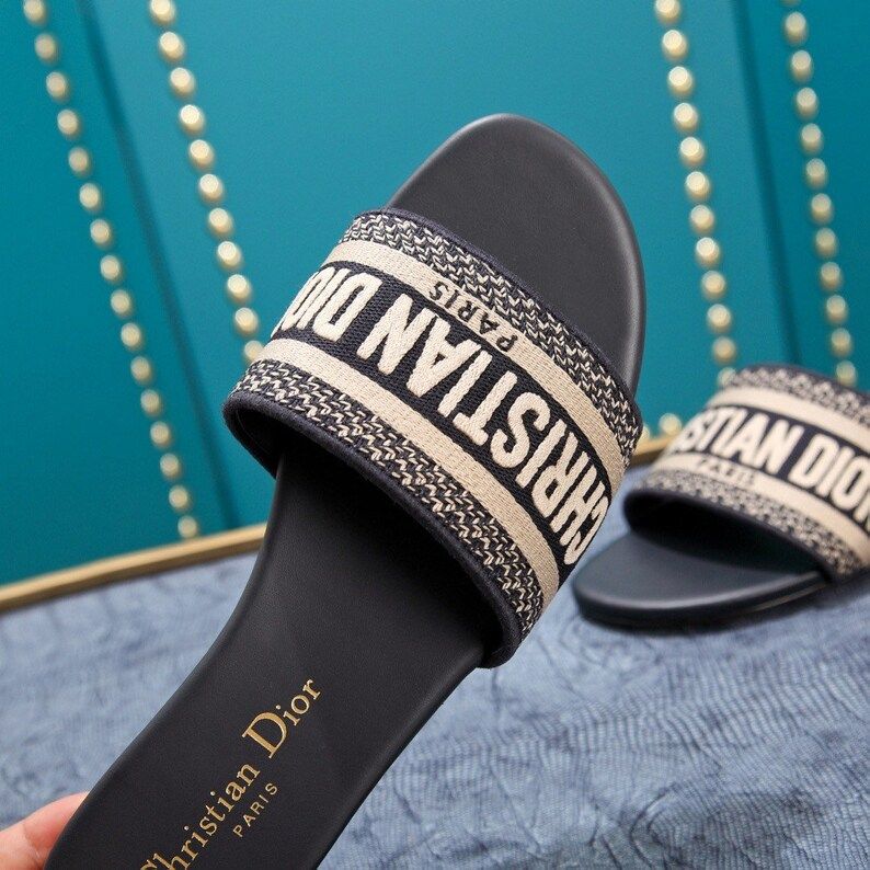 Dior Dway Navy Sandal Slide Embroidered Slipper | Etsy (US)