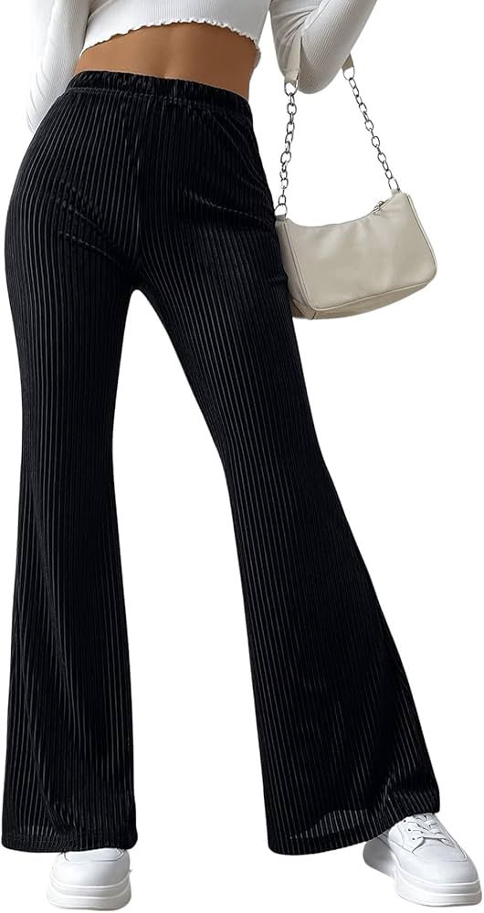 SweatyRocks Women's Velvet Flare Leg Yoga Pants Casual High Elastic Waist Ribbed Knit Trousers | Amazon (US)