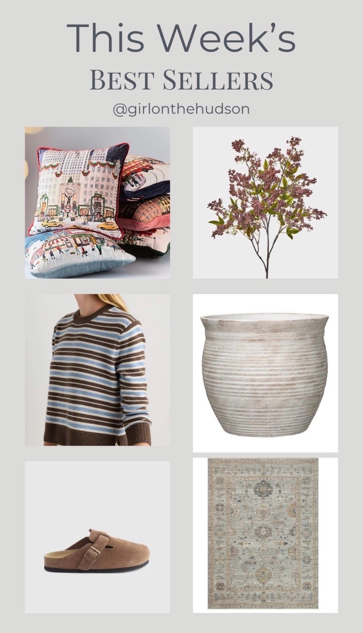 This week’s best sellers!  

Holiday pillows that I added to both of my kids’ bedrooms (these always sell out!!), fall branches, the perfect front porch planter, a striped cashmere sweater, the most perfect rug and  my fall clogs!