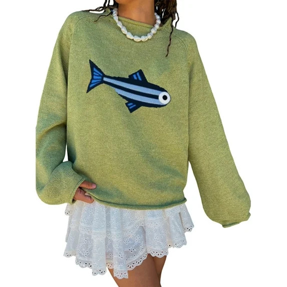 Women Crew Neck Rib Knit Fish Graphic Oversized Y2k Pullover Sweater Jumper Light Green S | Walmart (US)