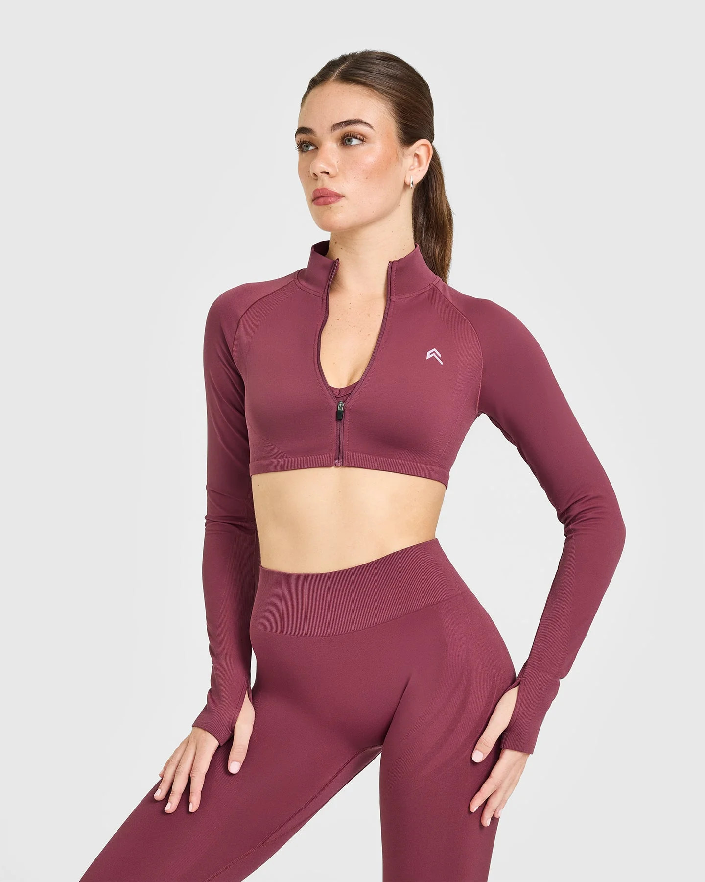 EnhanceLift™ Seamless Crop Jacket with White Logo | Burnt Maroon | Oner Active (UK / US)