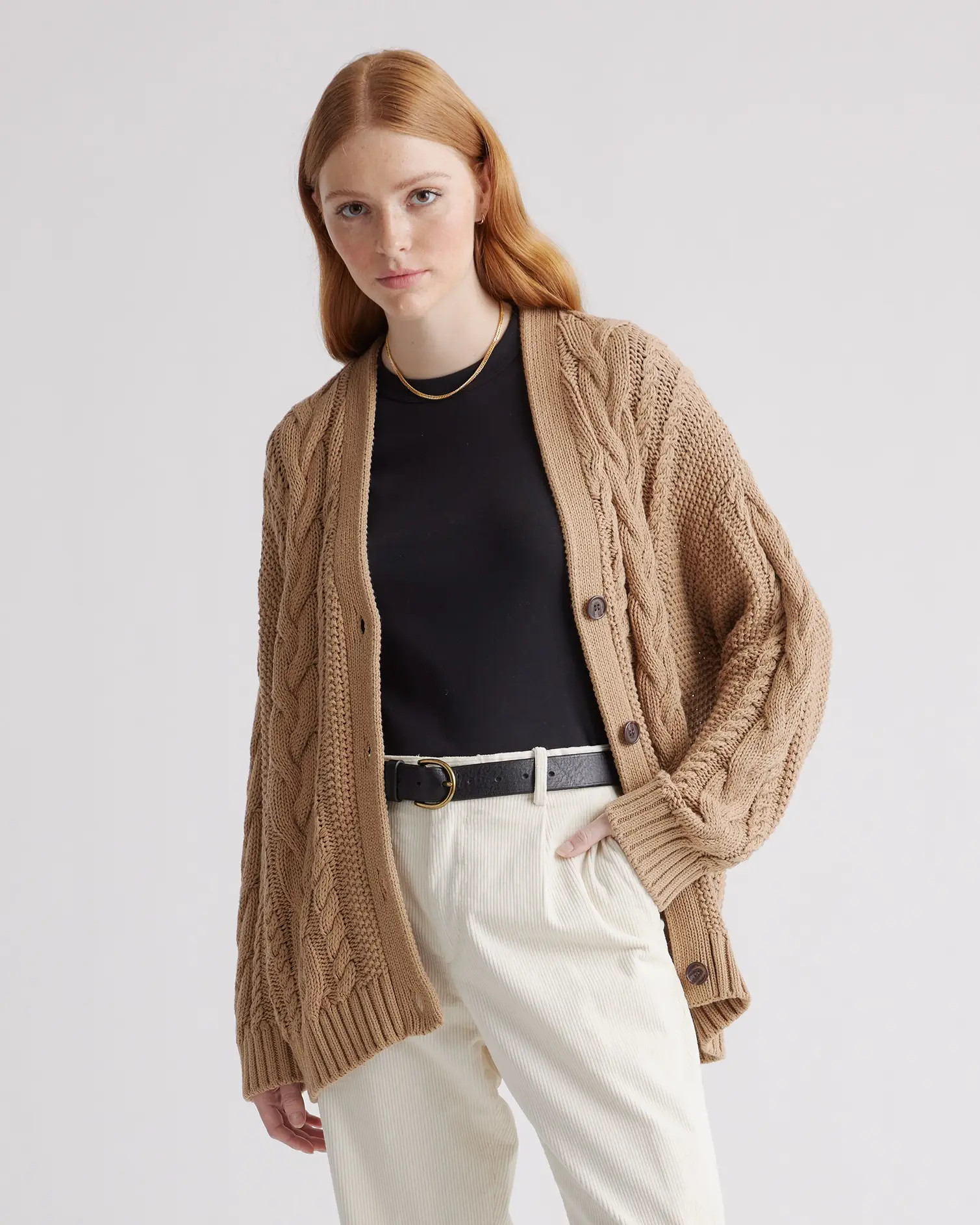 100% Organic Cotton Oversized Cable Cardigan  in Camel | Quince