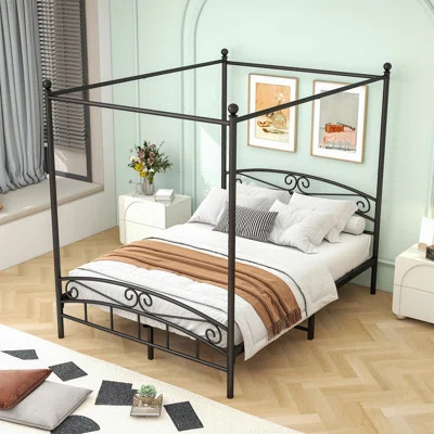 Sturdy Queen Size Metal Canopy Bed Frame with Headboard, Footboard, and Under-Bed Storage, Ideal for Elegant and Durable Bedroom Furniture. | Wayfair North America