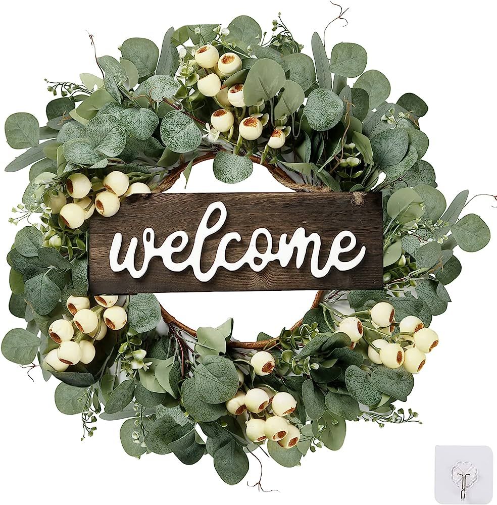 Sggvecsy Green Eucalyptus Wreath with Welcome Sign 20in Artificial Eucalyptus Wreath Spring Summe... | Amazon (US)