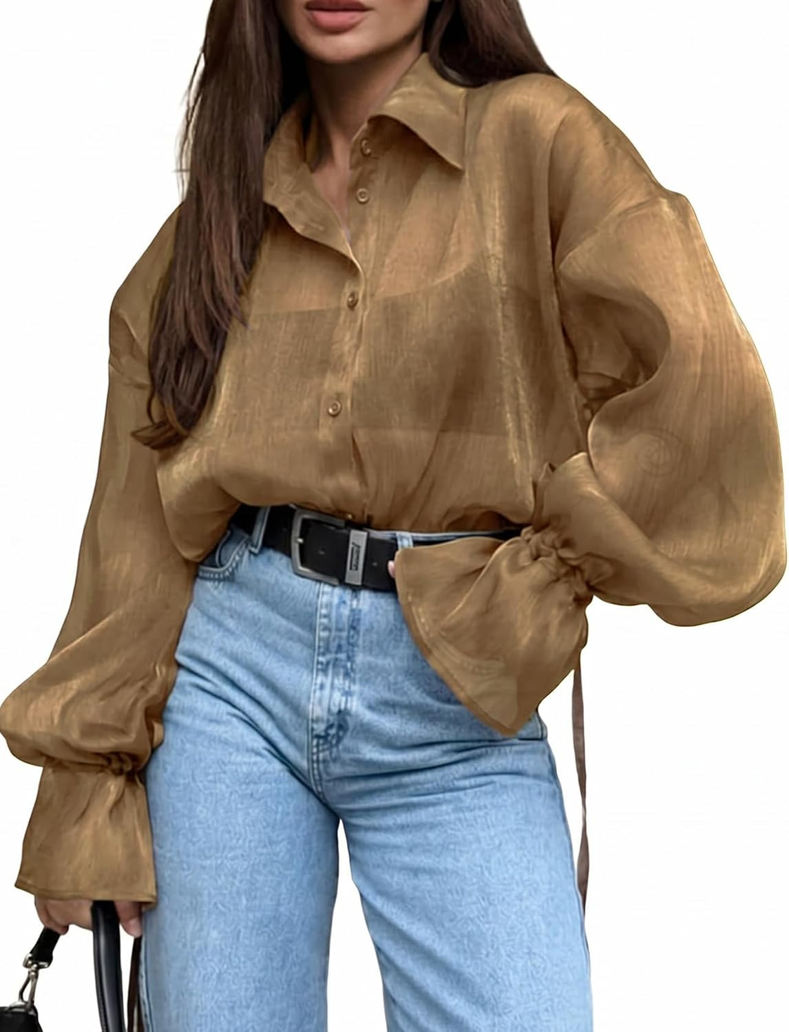 Yimoon Sheer Tops Women Sexy See Through Button Up Blouse Shiny Mesh Shirts | Amazon (US)