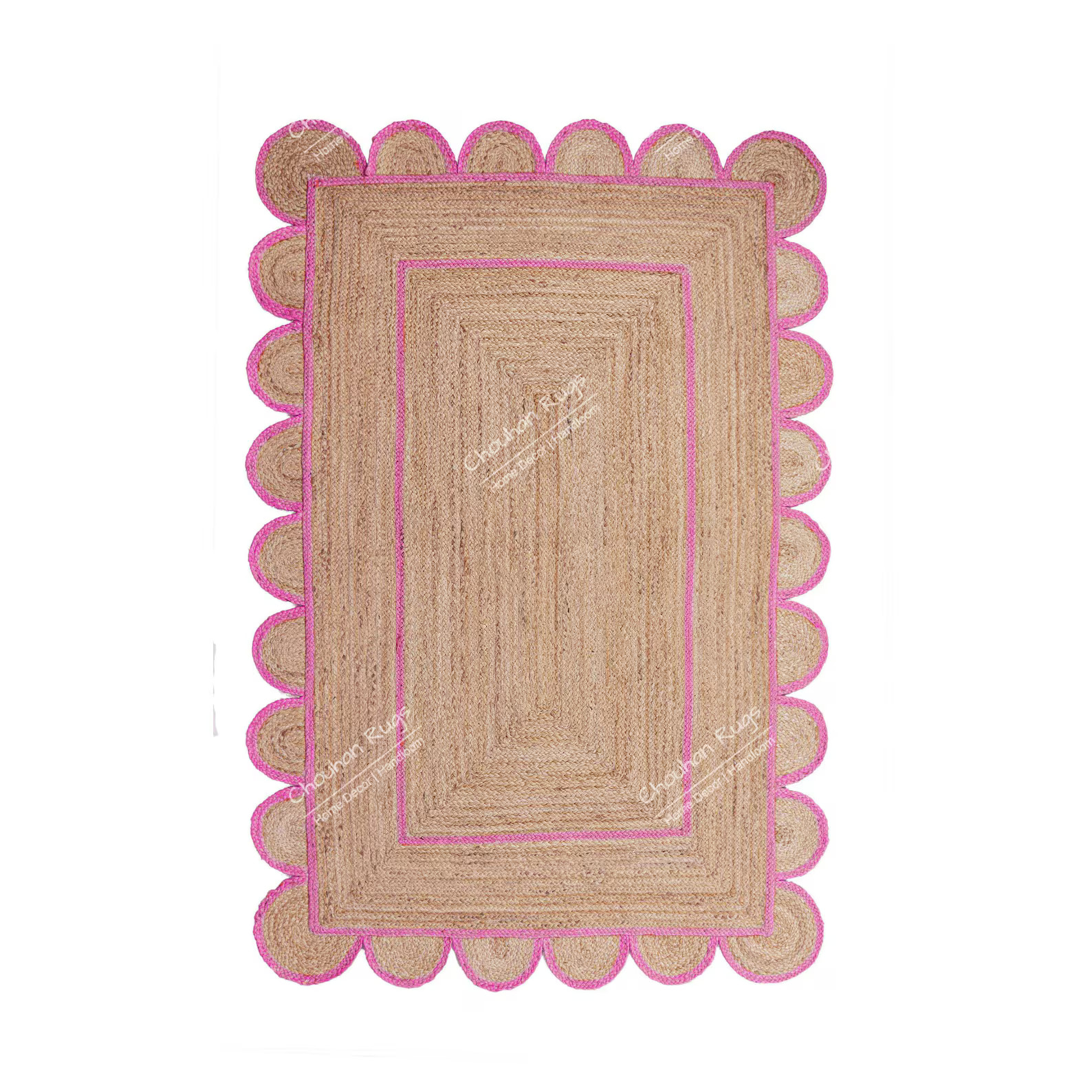 Hand Braided Scalloped Natural Jute Rug With Pink Border Boho Rug Bohemian Rug Jute Area Rug Hand... | Etsy (US)