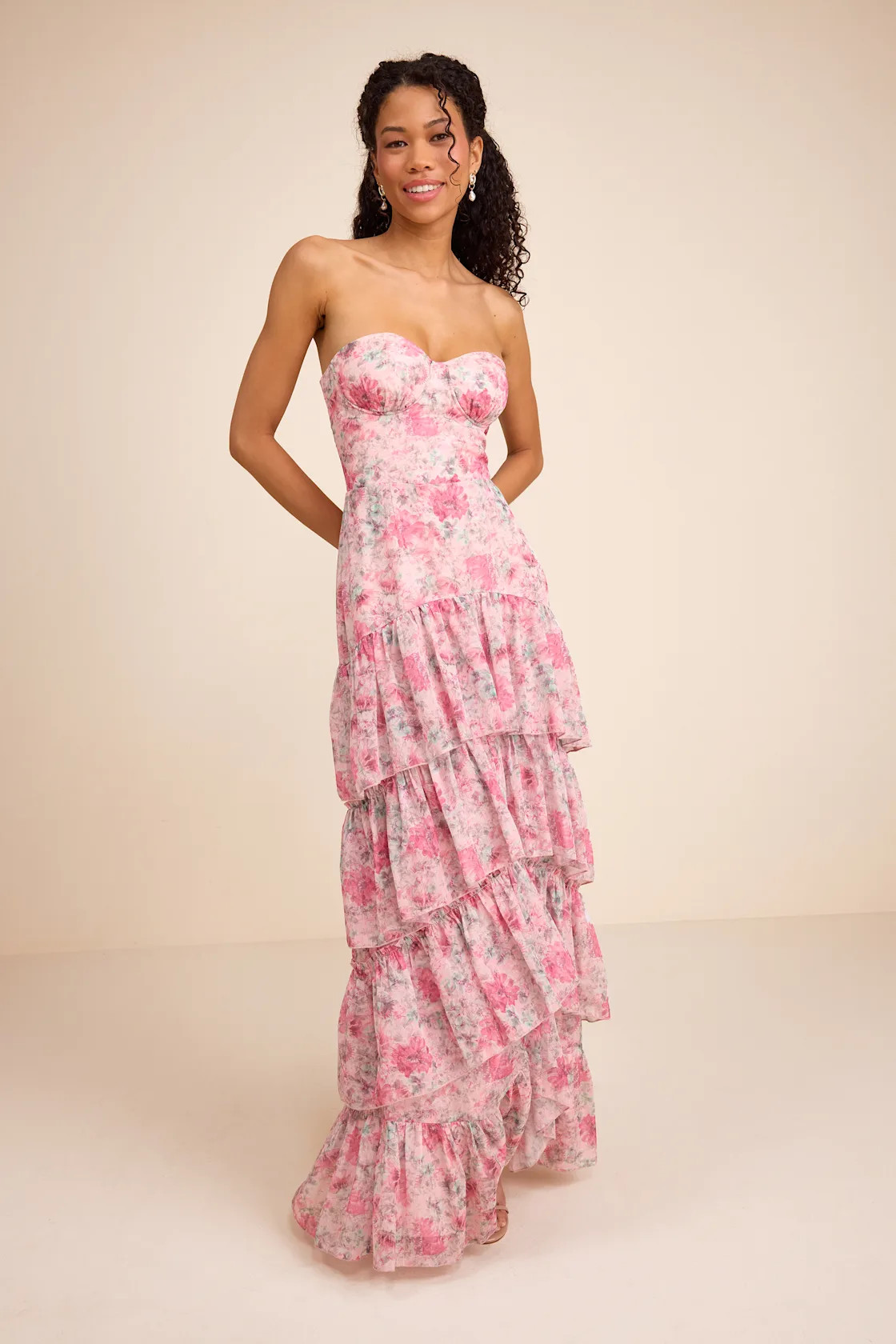 Dessie Light Pink Floral Tiered Maxi Dress | Lulus