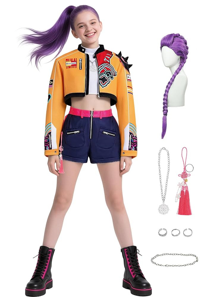 Girls Pop Singer Costume Kids 3-14 Years with Purple Wig Demon Cosplay Stage Dance Outfit with Ac... | Amazon (US)