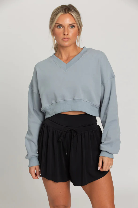 Hazy Blue V-Neck Crop Pullover | Gold Hinge