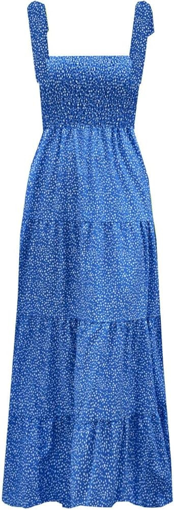 kinstell Women's Summer Boho Spaghetti Strap Square Neck Ruffle Casual Flowy Long Dress Beach Swi... | Amazon (US)