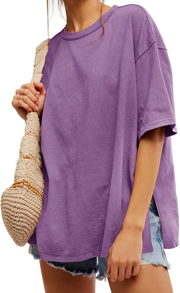 Tankaneo Womens Oversized Tshirts Summer Casual Short Sleeve Crew Neck T Shirt Loose Fit Side Sli... | Amazon (US)