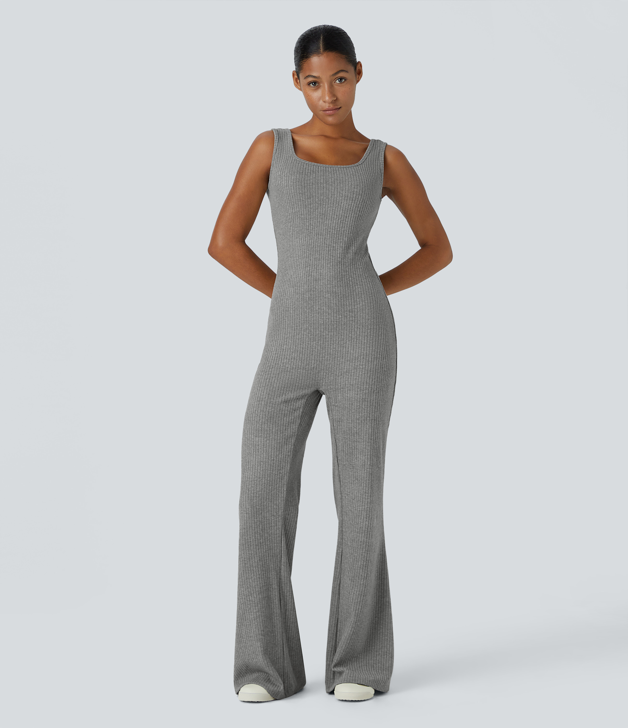 Halara Ribbed Knit Square Neck Sleeveless Casual Jumpsuit  - Dark Mottled Grey - XL(regular) | HALARA