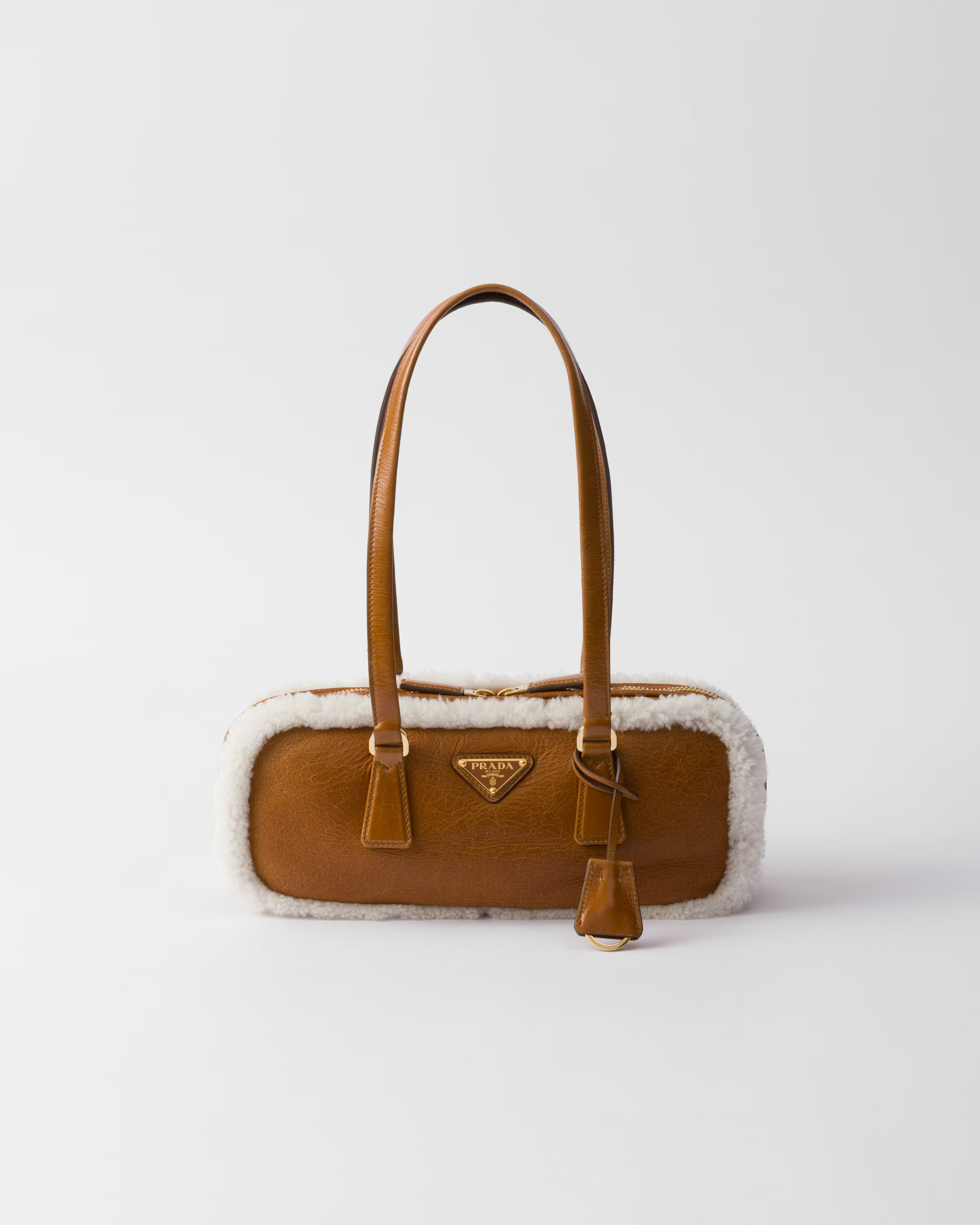 Cognac/natural Medium Shearling Two-handle Bag | PRADA | Prada US