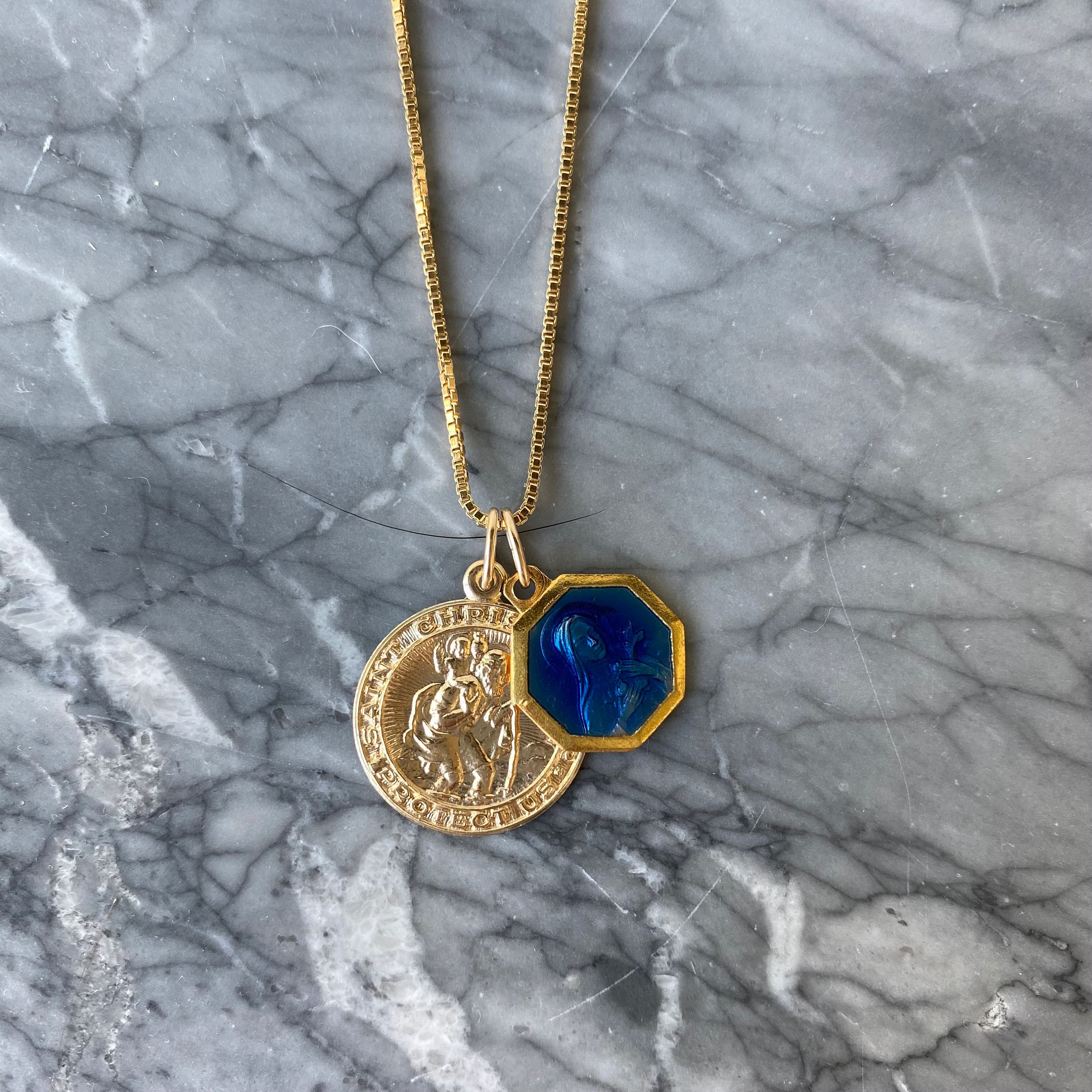 Saint Christopher & Saint Therese of Lisieux Vintage Dark Blue Enamel Gold Filled Necklace | Etsy (US)