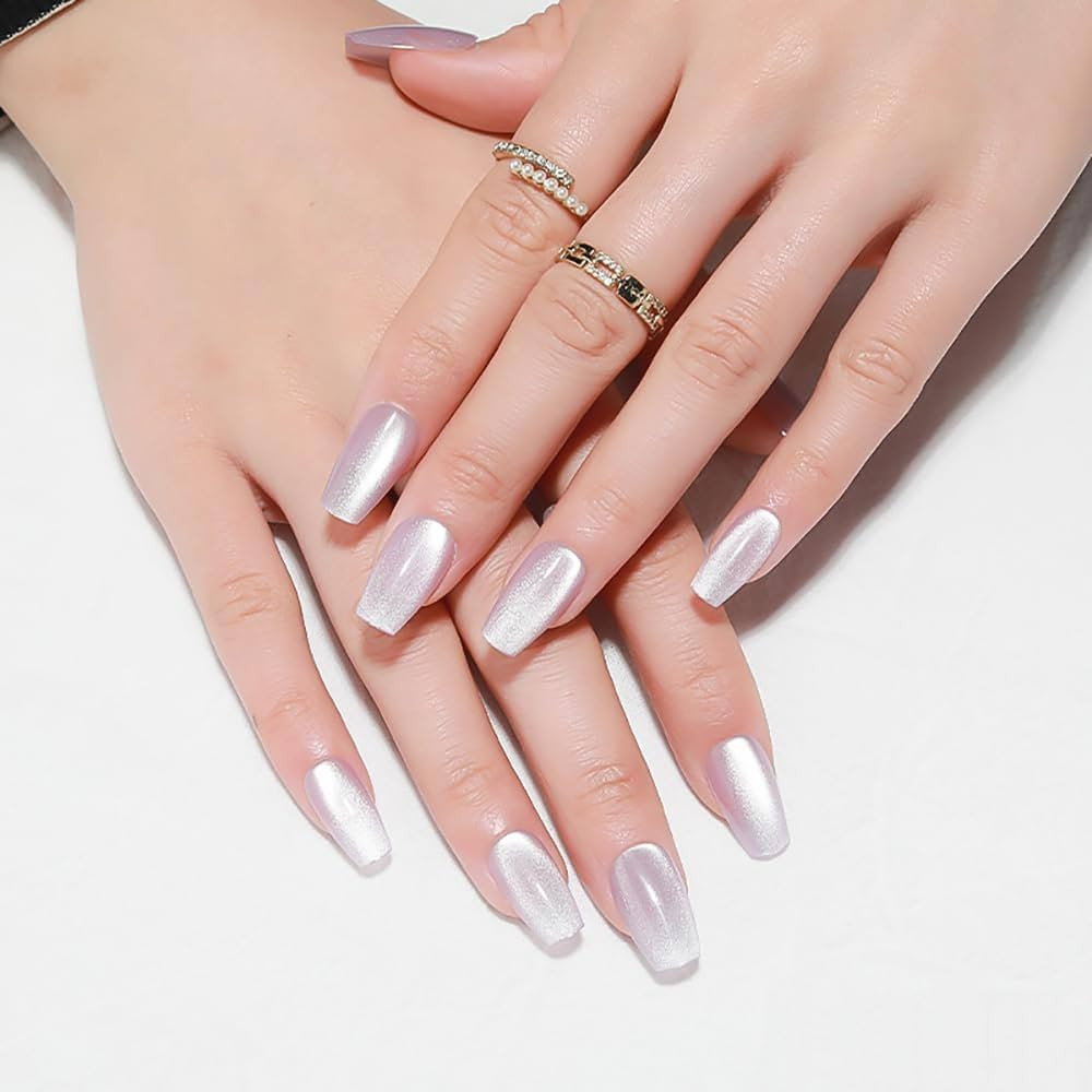 Summer Press On Nails Short Ballerina, Cat Eye Press On Nails, Translucent Candy Light Purple Mag... | Amazon (US)