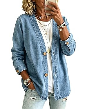 Women's Button Front Denim Jacket V Neck Casual Jean Jacket Lightweight Collarless Denim Coat for... | Amazon (US)