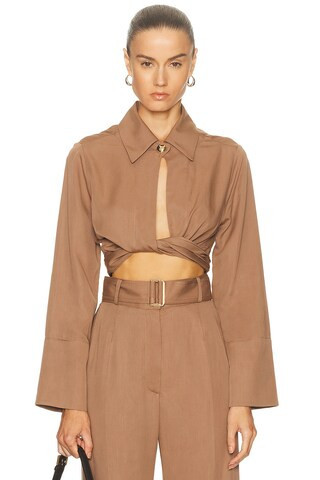 MATTHEW BRUCH Collared Long Sleeve Wrap Top in Brown | FWRD 