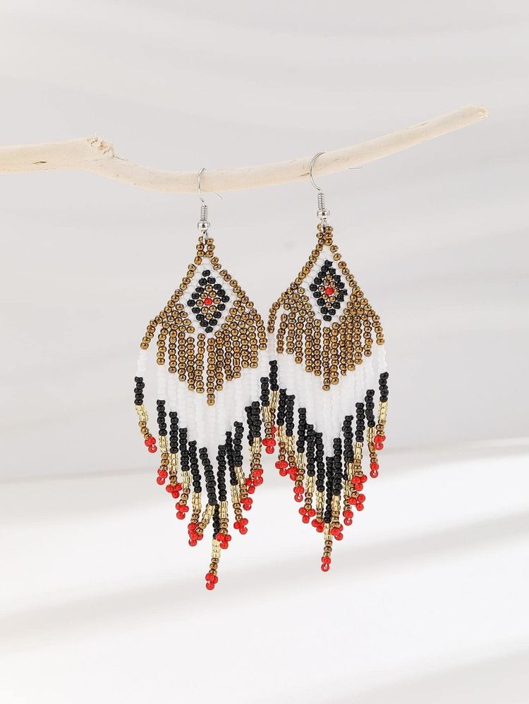 1pair Boho Color Block Beaded Tassel Drop Earrings For Women For Daily Decoration | SHEIN