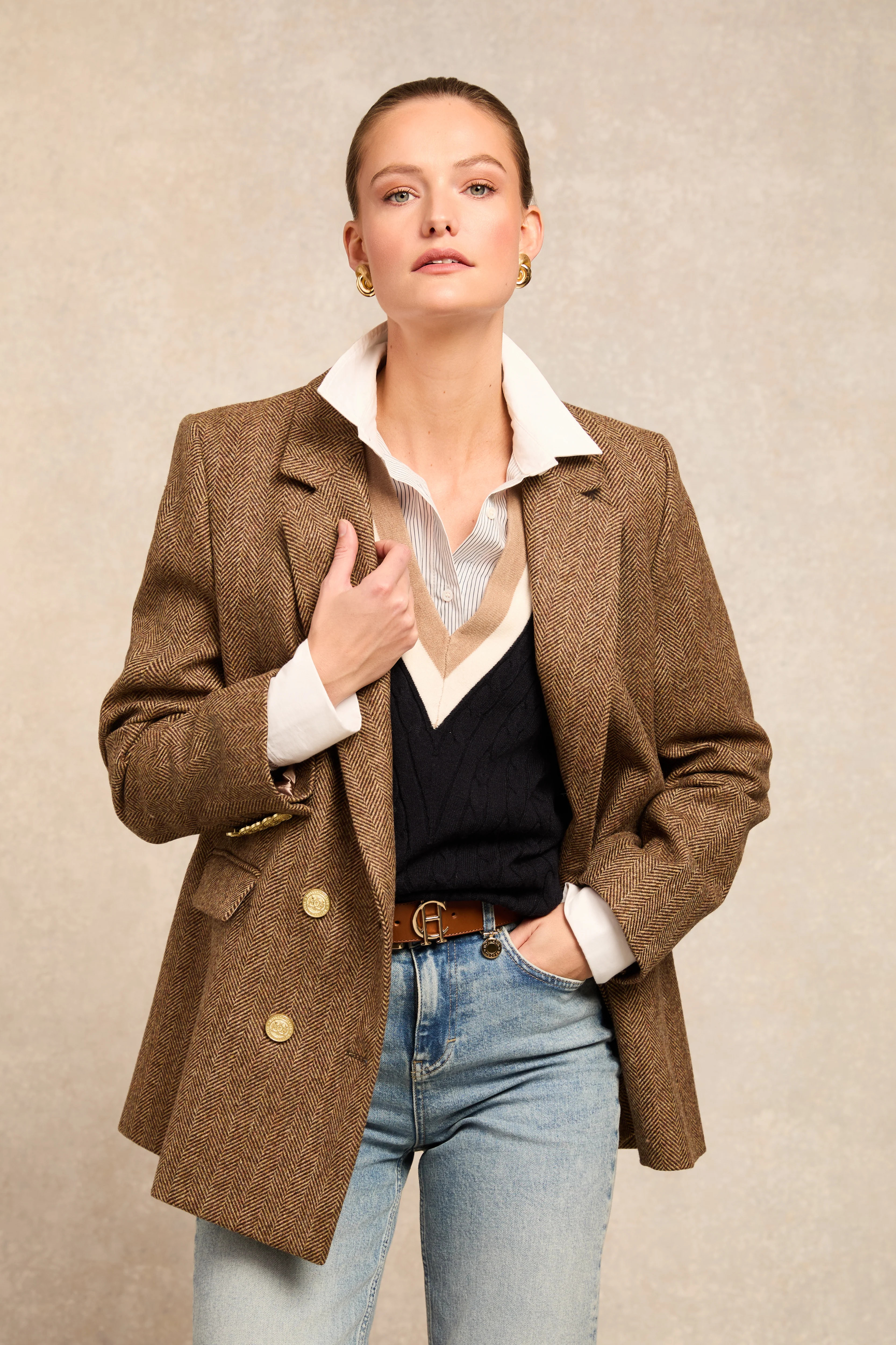 Double Breasted Blazer (Large Scale Brown Herringbone) | Holland Cooper