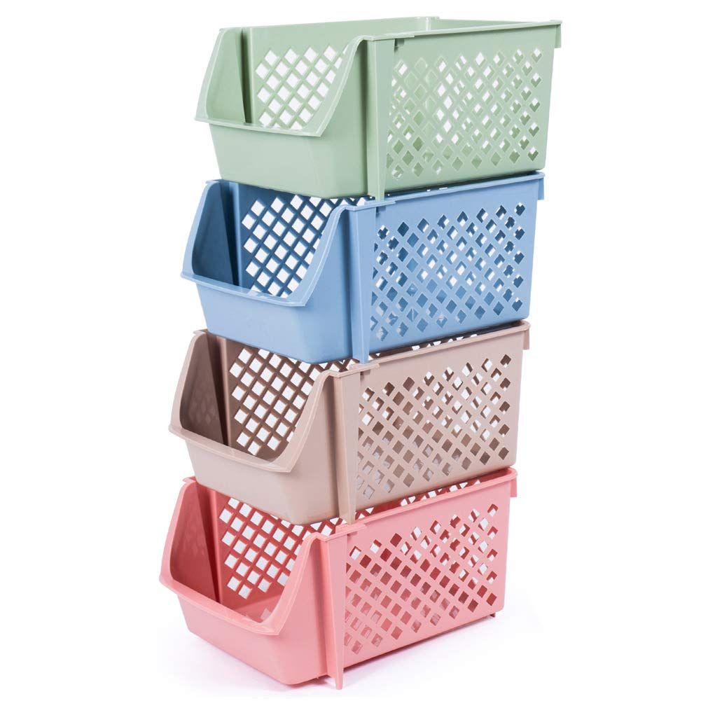 DVHOK 4Pcs Stackable Storage Basket Organizer for Food Snacks Toys Toiletries Plastic Storage Bins M | Amazon (US)