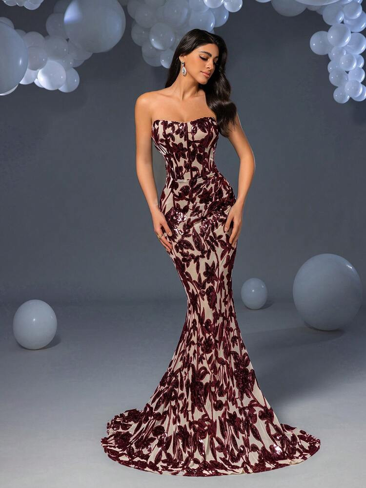 Faeriesty Women's Strapless Floor-Length Floral Sparkly Sequin Party Gown – Color-Blocked Rando... | SHEIN