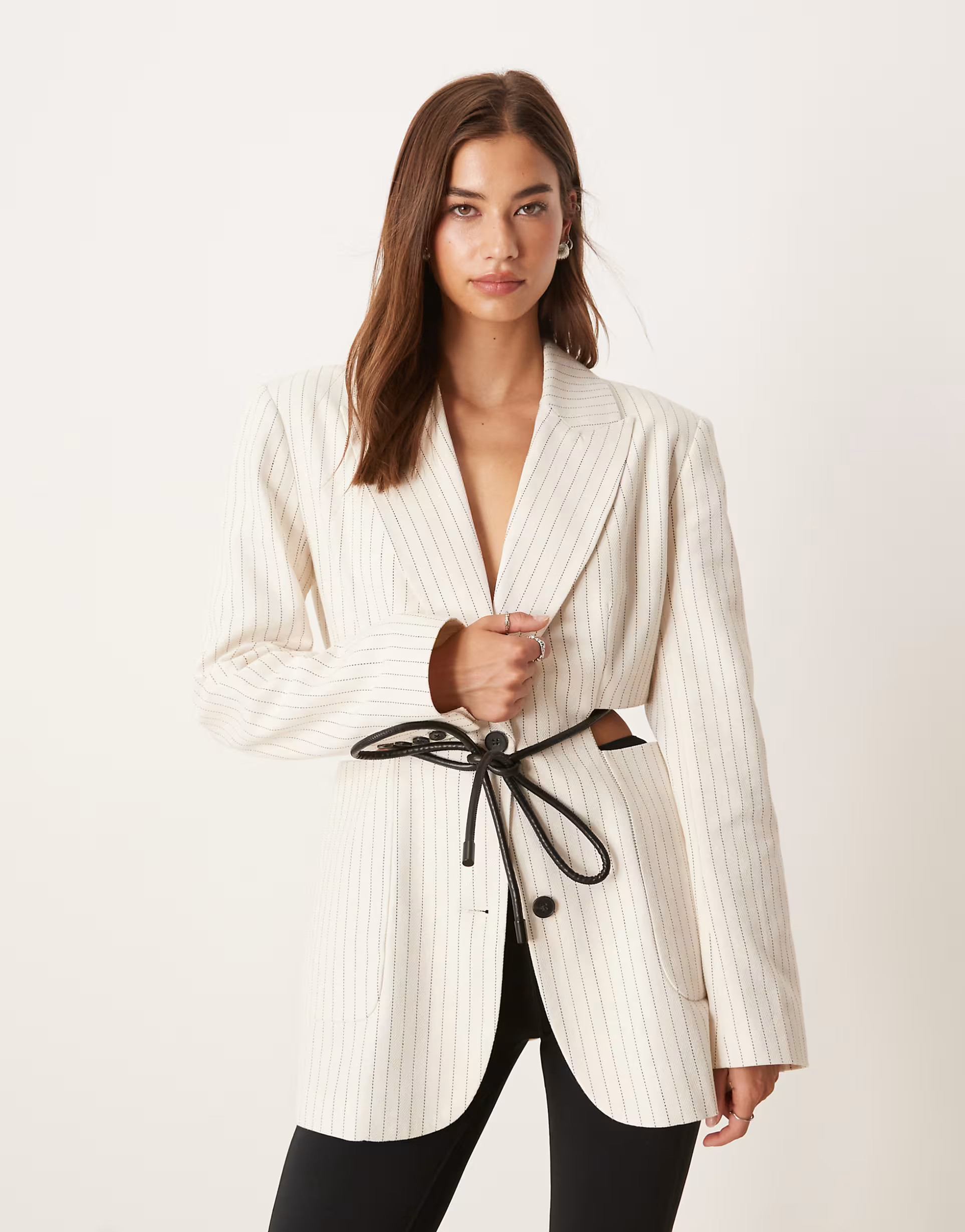 ASOS DESIGN cut out waist blazer in cream stripe - part of a set | ASOS (Global)