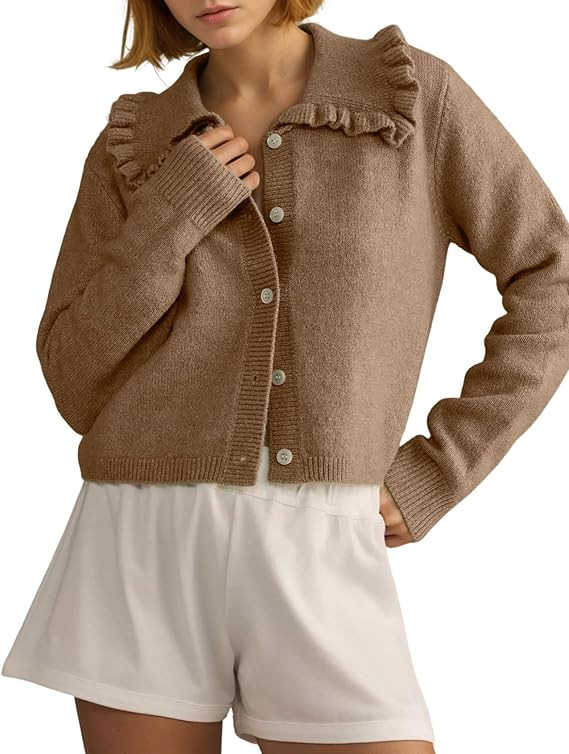 Arssm Womens Ruffle Collar Cardigan Cropped Button Down Open Front Sweaters Knitted Long Sleeve F... | Amazon (US)