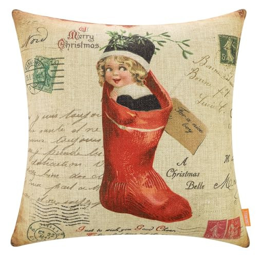 LINKWELL Vintage Christmas Throw Pillow Cover 18x18, Rustic Holiday Pillow Cover for Couch Sofa, Decorative Farmhouse Xmas Indoor Decor CC1980 | Amazon (US)
