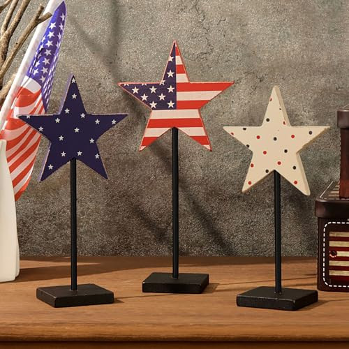 Treory 4th of July Decorations, 3pcs July 4th Patriotic Tiered Tray Decor Wooden Star Sign Set Freestanding Wood Blocks, Rustic American Memorial Day Table Decor for Independence Day Home Décor | Amazon (US)