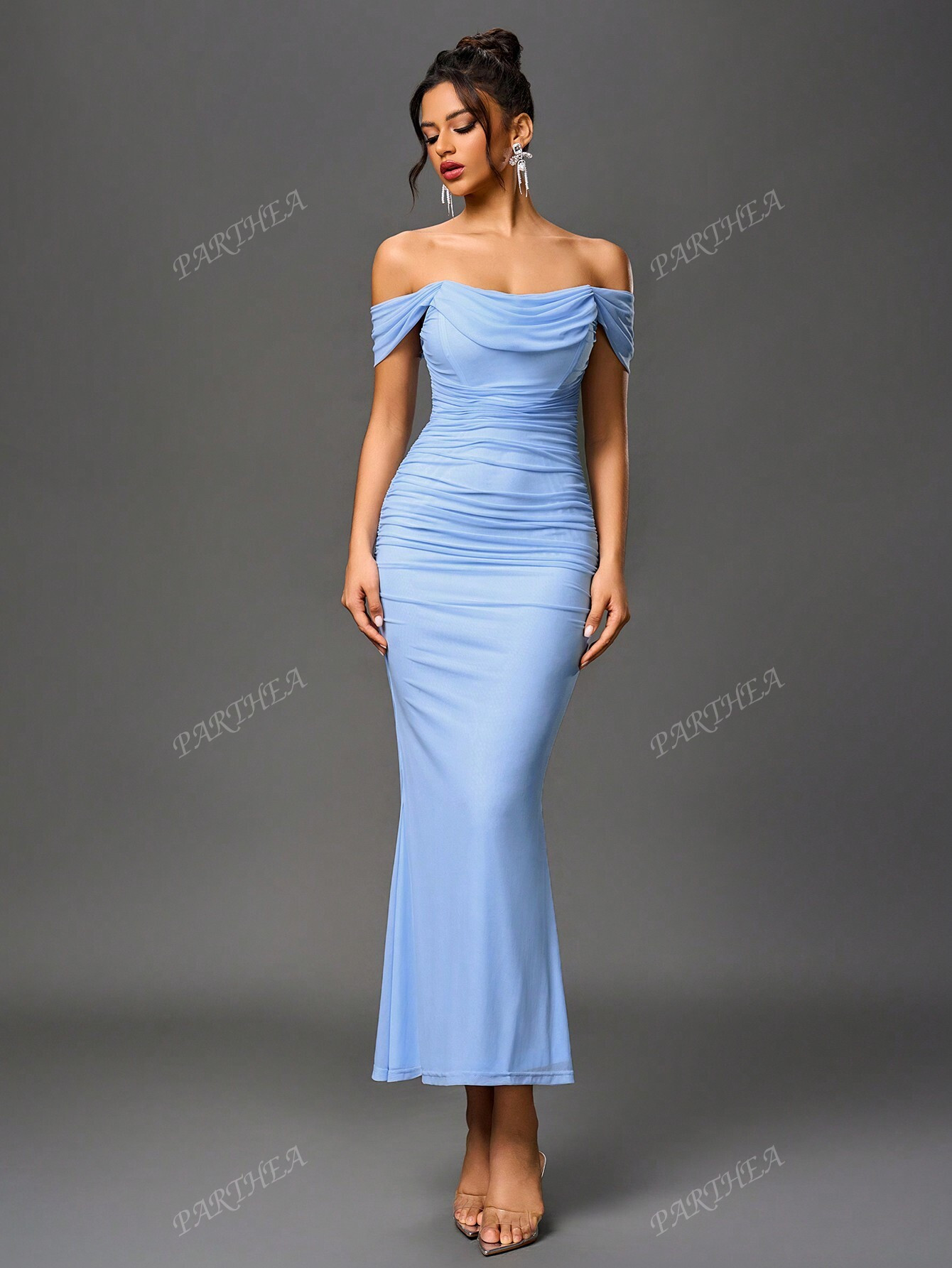 PARTHEA Off Shoulder Mermaid Hem Mesh Ruched Bodycon Long Dress | SHEIN