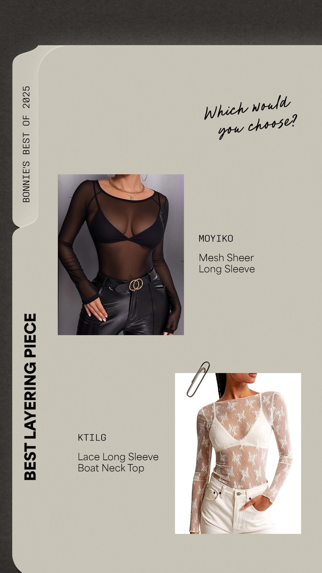 My best of 2025- best layering piece! Which would you choose? Walmart Moyiko Mesh Sheer Long Sleeve, Amazon KTILG Lace Long Sleeve

Women’s fashion, winter fashion, winter style, winter outfits, holiday fashion, holiday style, midsize fashion, midsize style, layering tops, lace top, mesh top






#LTKHoliday #LTKootd #LTKOver40