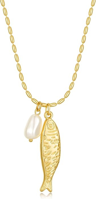 Gold Charm Necklaces for Women Boho Shell Fish Starfish Pearl Pendant Necklaces Summer Beach Ocea... | Amazon (US)