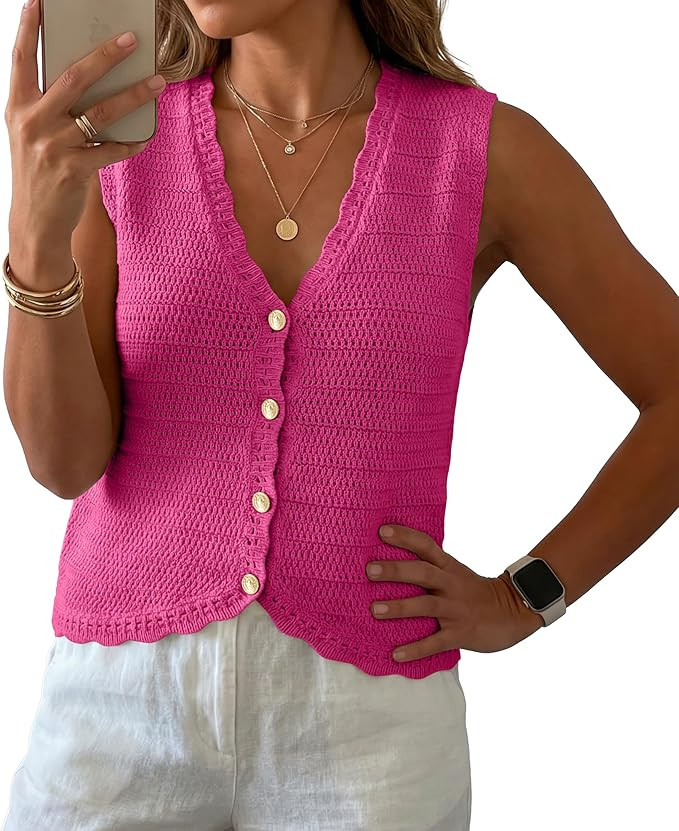 GRECERELLE Womens Summer Sleeveless Sweater Vest - V Neck Knit Button Down Casual Tank Tops | Amazon (US)