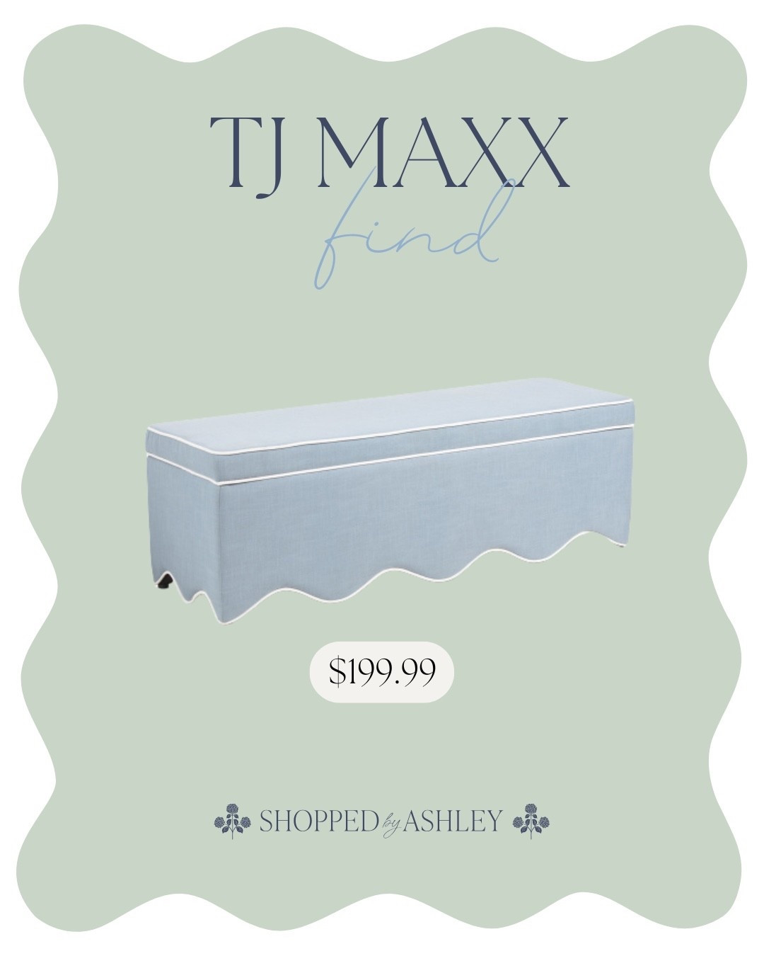 I have never ordered something so fast!! Add to cart and checkout ASAP! 

Free shipping with code SHIP89 at checkout 🙌🏻

Lillian August, scallop bench, blue bench, storage bench, Grandmillennial, HomeGoods find, TJ Maxx find 

#LTKStyleTip #LTKHome