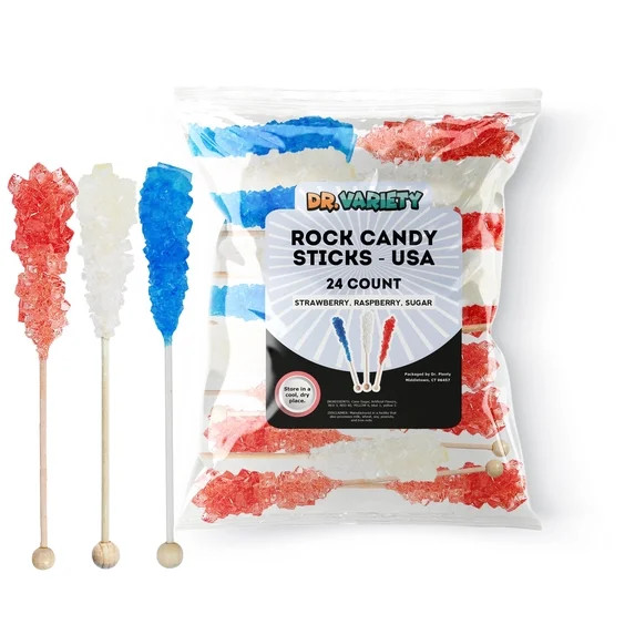 USA Rock Candy Sticks – Red, White & Blue Sugar Flavor, 24 Pack Bulk Individually Wrapped Edibl... | Walmart (US)