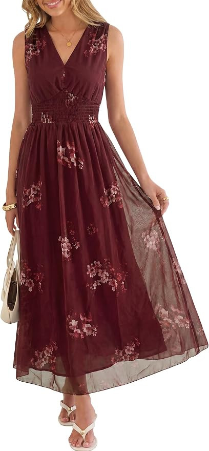 ANRABESS Women's Floral Tulle Wedding Guest Maxi Dress | V Neck Sleeveless,A-Line Elastic Waist,C... | Amazon (US)