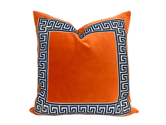 Orange Velvet Pillow Cover with Marine Blue Greek Key Trim | Etsy | Etsy (US)