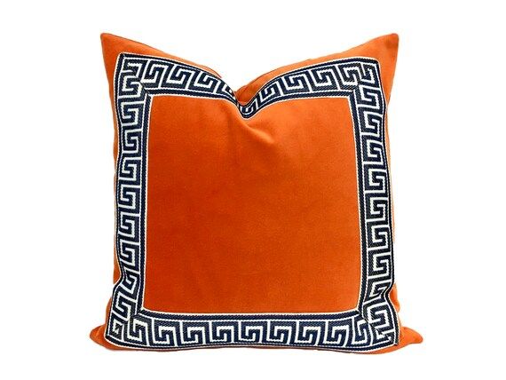 Orange Velvet Pillow Cover with Marine Blue Greek Key Trim | Etsy | Etsy (US)