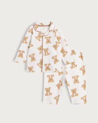 F&F Baby Pure Cotton Teddy Bear Print Pyjama Set in White | Tesco F&F
