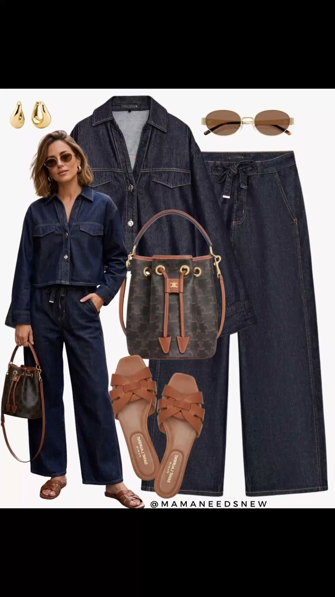 A spring outfit with matching denim shirt and pants set, bucket bag, slide sandals 💙🤎

#LTKSaleAlert #LTKootd #LTKSeasonal