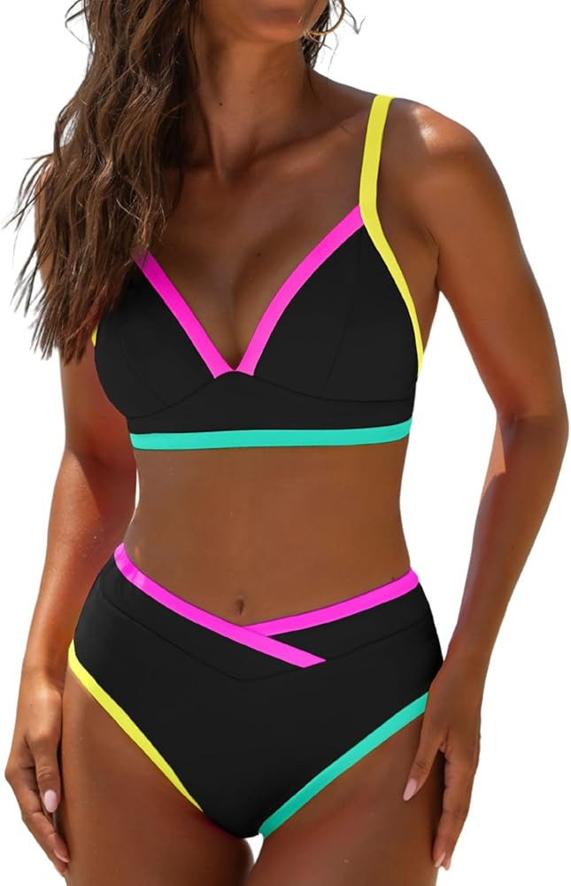 popvil High Waisted Bikini Sets for Women Neon Two Piece Swimsuit Sexy High Cut 2026 Bathing Suit | Amazon (US)