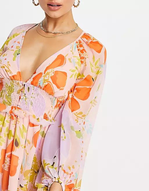 ASOS DESIGN soft shirred waist open back maxi dress in bright floral print | ASOS (Global)