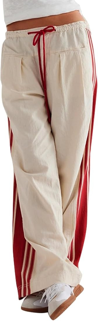 Side Striped Pants Women Drawstring Wide Leg Pants High Waisted Loose Slouchy Palazzo Sweatpants | Amazon (US)