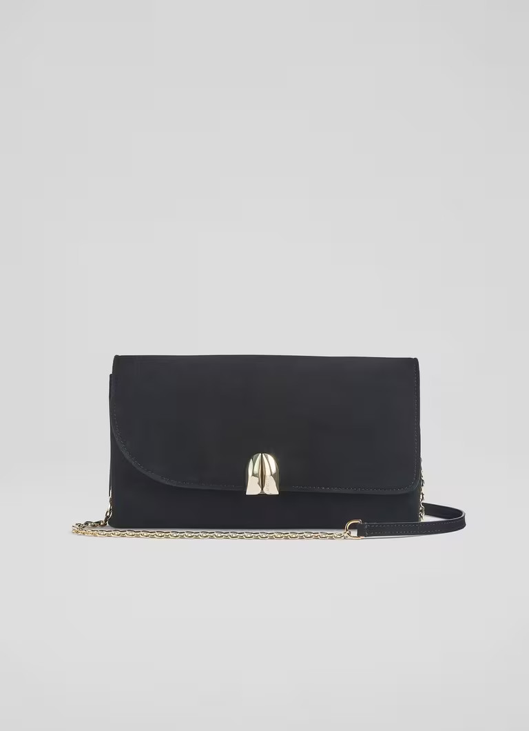 Aria Black Suede Curve Flap Wide Clutch Bag | L.K. Bennett (UK)