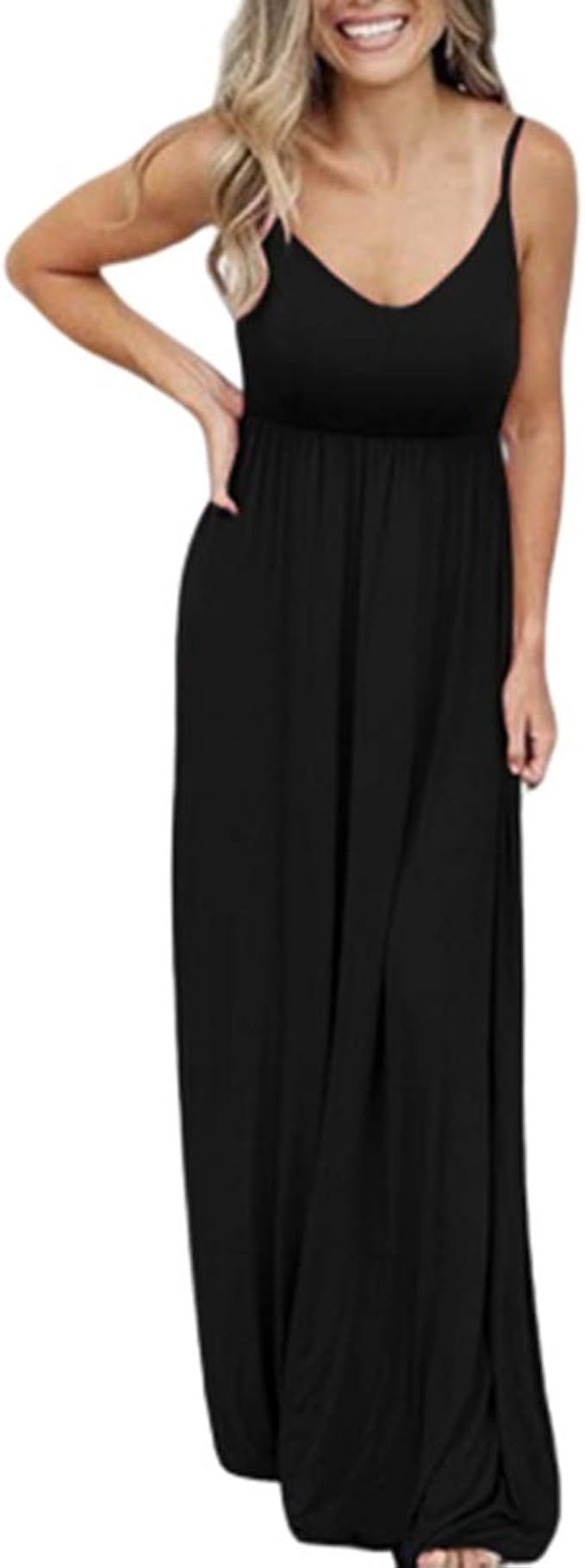 PRIMODA Women's Summer Casual Sleeveless V Neck Adjustable Spaghetti Strap Maxi Long Dress | Amazon (US)