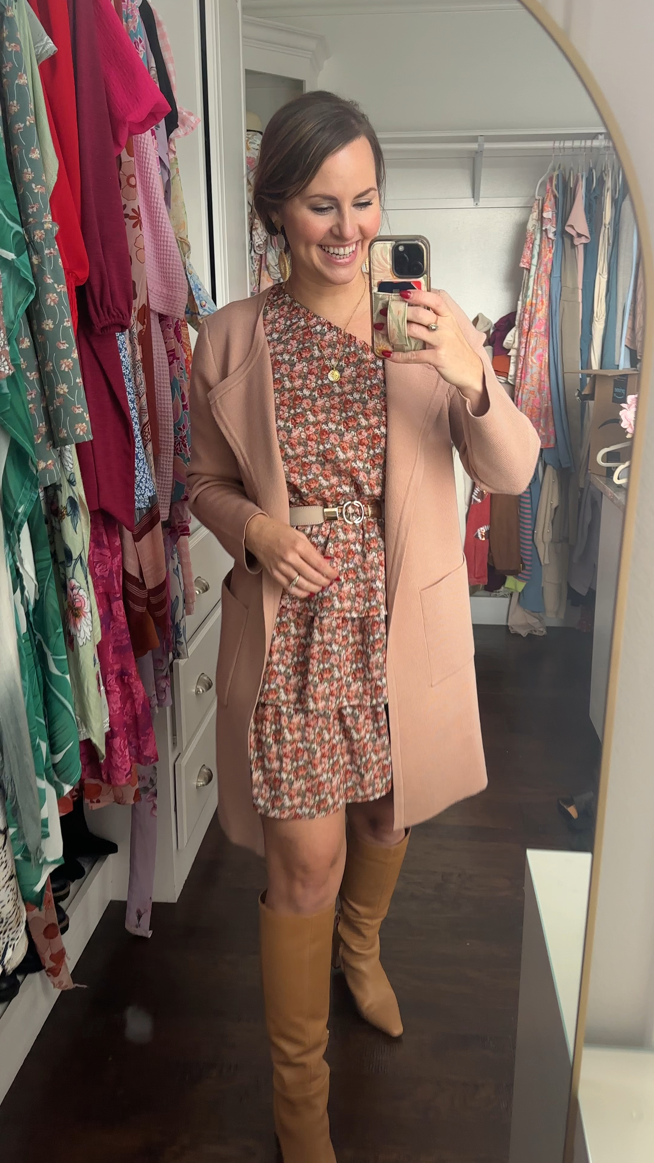 What I wore to church! Love this long coat /cardigan— it is so similar to the J.Crew coatigan but for a fraction of the price! Paired it with this floral dress, gorgeous Sam Edelman knee-high boots, belts and gold coin compass necklace. Would be really cute for teachers, work outfit, new year brunch look, etc 

#LTKParties #LTKSeasonal #LTKHoliday