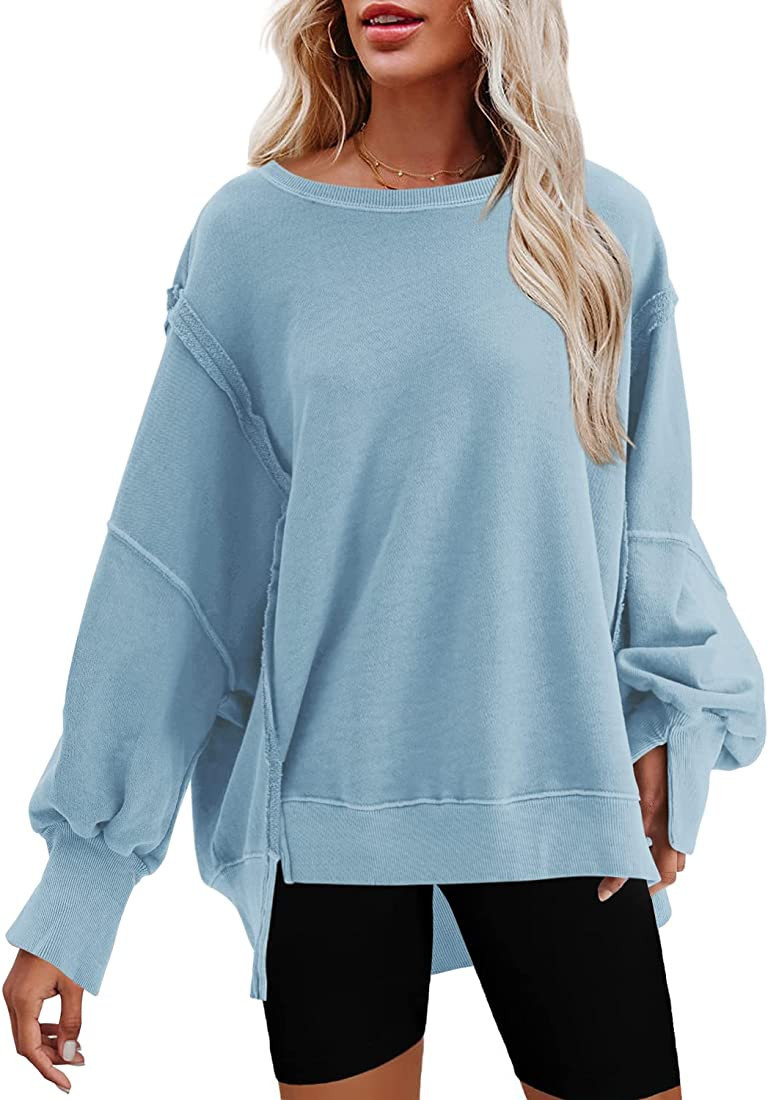 Nirovien Womens Oversized Crewneck Sweatshirt Side Slit Long Sleeve Pullover Slouchy Fit Tops | Amazon (US)