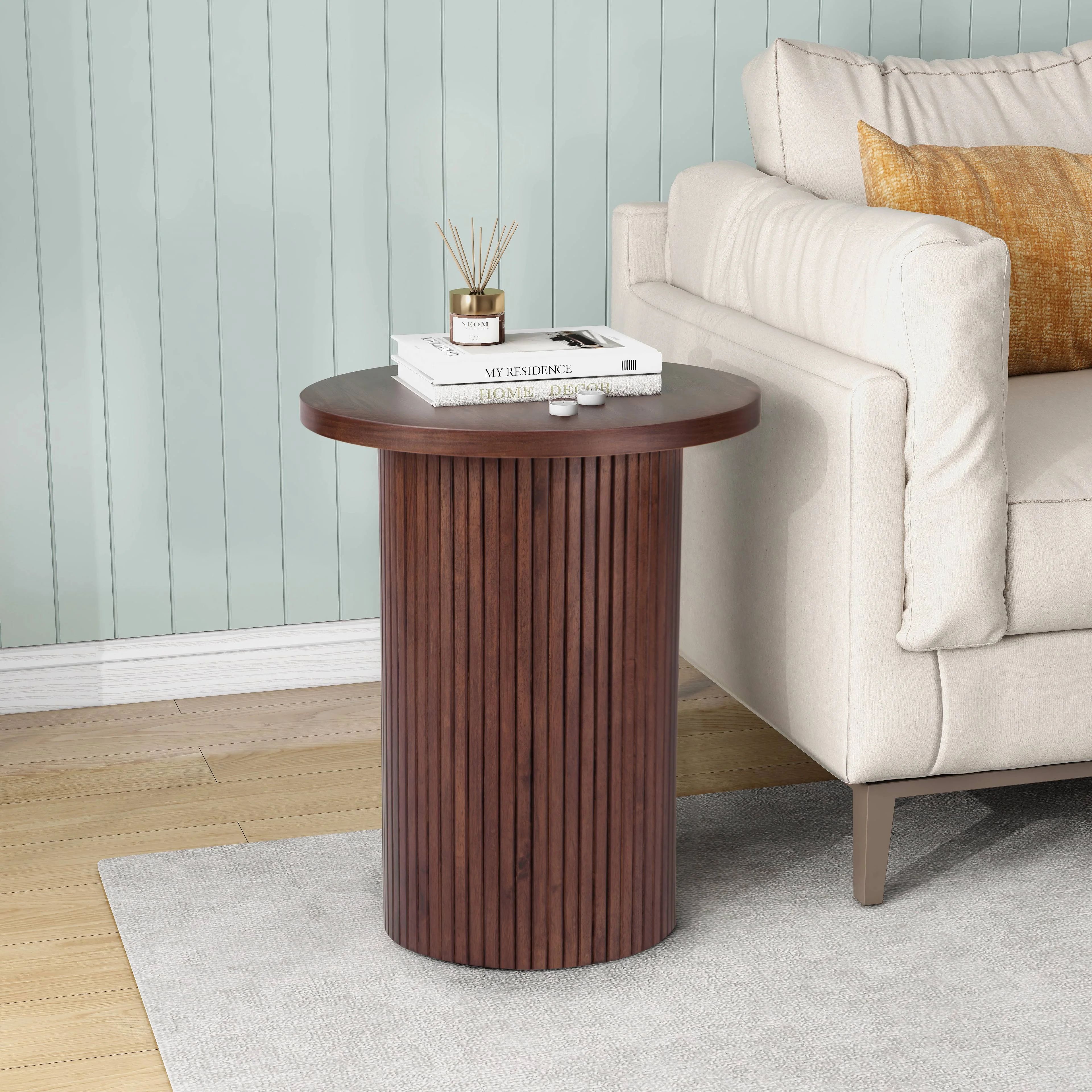 Round Solid Wood End Table Brown Pedestal Side Table Living Room Furniture Accent End Table with ... | Walmart (US)