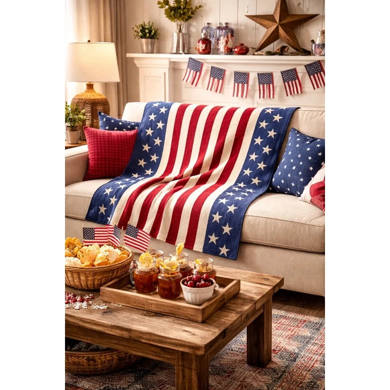 Lan Wood Americana Red & Blue Star Stripe Knitted Throw Blanket, Oversize Throw | Walmart (US)